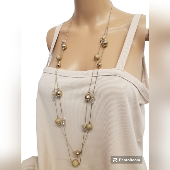 LANI  LAYERED GOLDTONED CABLE NECKLACE WITH GLASS CRYSTAL & SHIMMERY GOLD BEADS - Picture 2 of 5